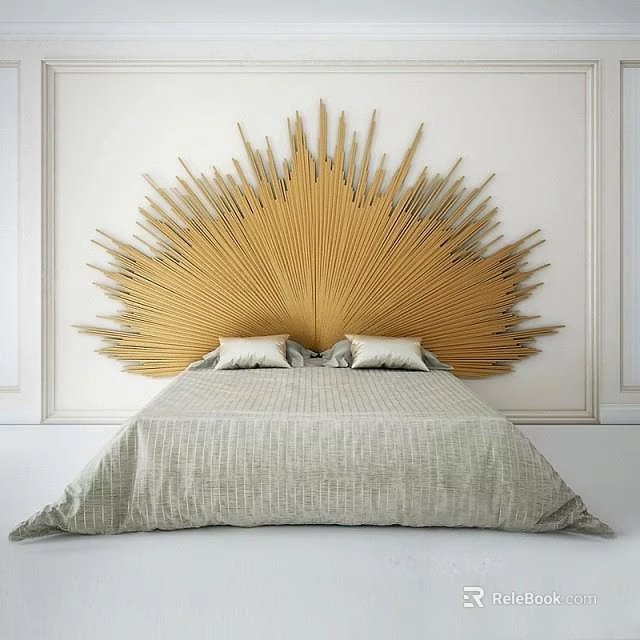 Double Bed With Golden Sunburst Headboard Two Pillows Light Gray Bedspread 3d model 