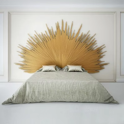 Double Bed With Golden Sunburst Headboard Two Pillows Light Gray Bedspread 3d model