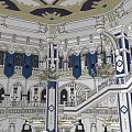 Religious Faith Interior With Grand Chandelier Two Story Design Blue Banners And Arched Windows