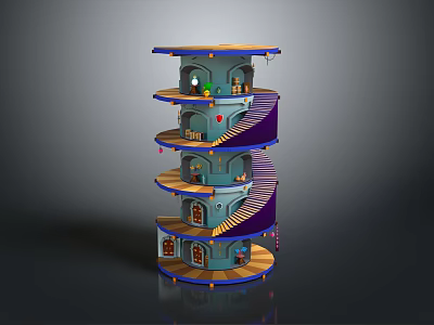 Cartoon Scenery Of Spiral Multi Level Tower With Floors Windows And Decorations 3d model