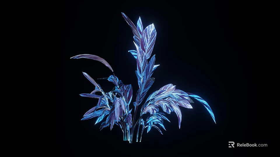 Modern Feathery Plant with Shiny Blue Purple Leaves on Black Background 3d model 