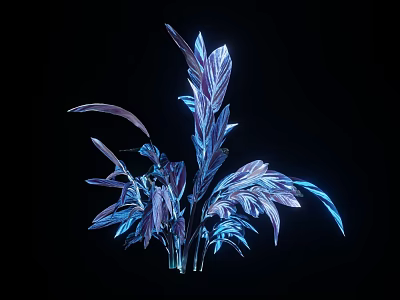 Modern Feathery Plant with Shiny Blue Purple Leaves on Black Background 3d model