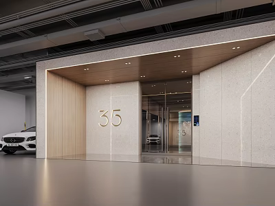 Modern Parking Garage Entrance With Number 35 Glass Doors And White Car 3d model