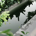 Garden Landscape Design With Lush Green Plants Water Pool And Tree Reflections