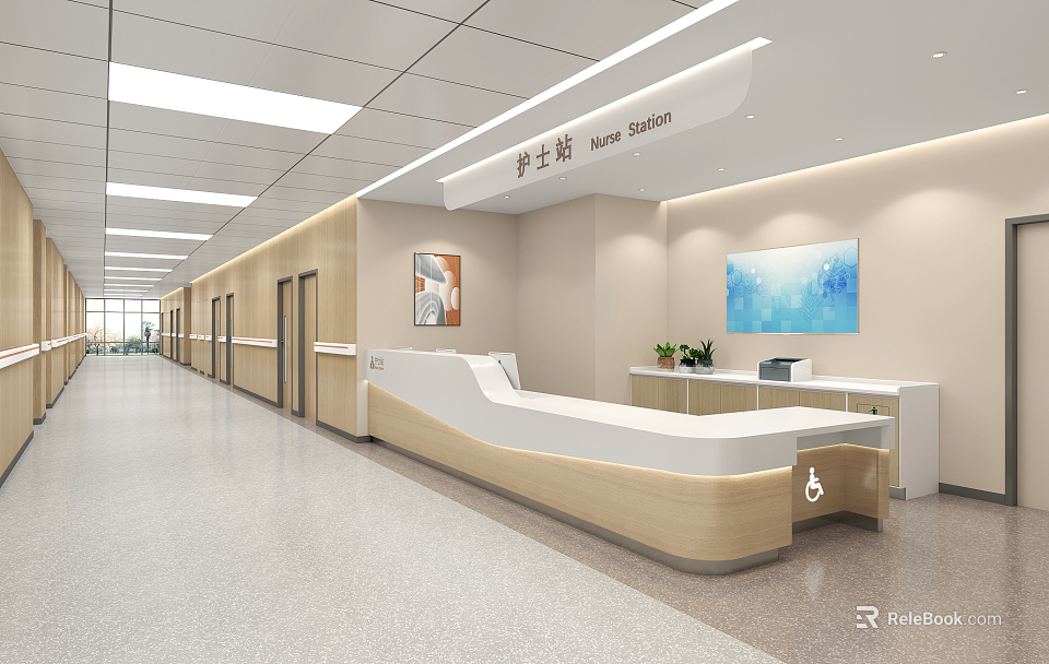 Modern Hospital Outpatient Clinic Nurse Station Interior With Reception Desk And Medical Facilities 3d model 