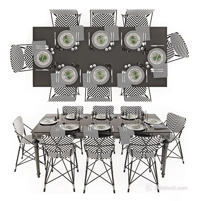 Modern Dining Table Set With Black And White Striped Chairs And Table Setting 3d model 