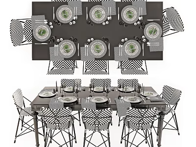 Modern Dining Table Set With Black And White Striped Chairs And Table Setting 3d model