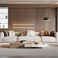 Modern Living Room Interior With Wooden Wall White Sofa Coffee Table And Floor Lamp