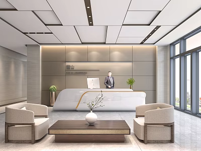Modern Service Hall Interior Design With Reception Desk Armchairs And Potted Plants 3d model