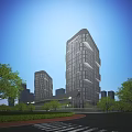 Modern High Rise Office Buildings with Glass Curtain Wall and Green Trees Under Blue Sky