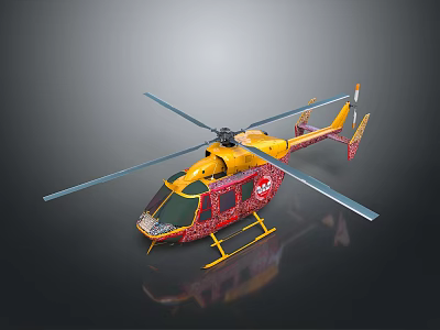 Yellow Helicopter Featuring Red Accents Main Rotors And Tail Rotor On Black Background 3d model