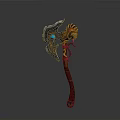 Mythical Battle Axe With Ornate Design Blue Glowing Gem Golden Accents And Brown Wooden Handle
