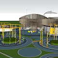 Vibrant Children's Play Area With Circular Climbing Structures Slides Umbrellas On Green Turf