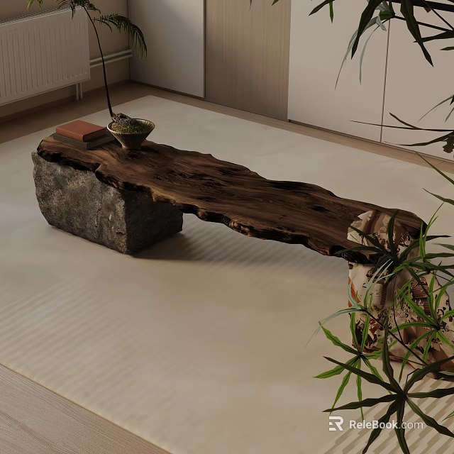 Rustic Wooden Shoe Bench With Stone Base And Indoor Greenery On Light Floor Mat 3d model 