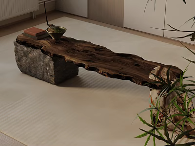 Rustic Wooden Shoe Bench With Stone Base And Indoor Greenery On Light Floor Mat 3d model