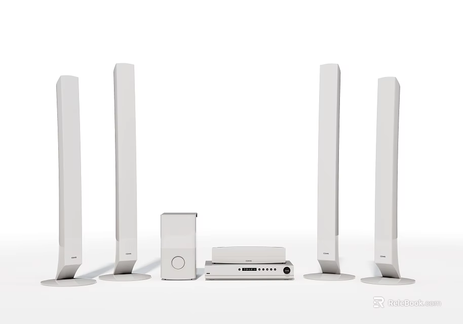 Sleek White Home Theater Speaker System With Tall Standing Speakers Center Speaker And Receiver 3d model 