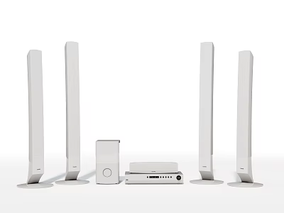 Sleek White Home Theater Speaker System With Tall Standing Speakers Center Speaker And Receiver 3d model