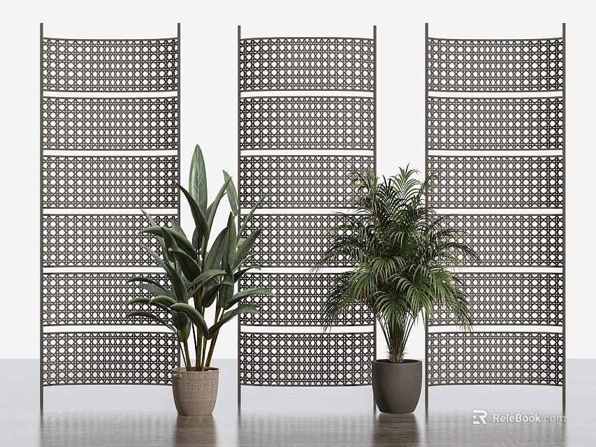 Two Leafy Potted Plants In Front Of Grid Patterned Screens For Interior Decor 3d model 