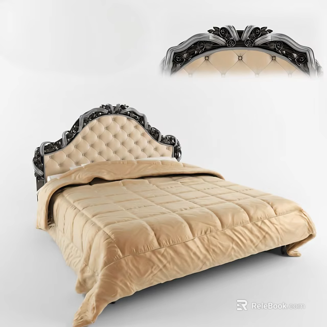 Elegant Double Bed With Ornate Black Carved Headboard And Beige Upholstered Design 3d model 