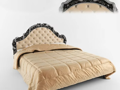 Elegant Double Bed With Ornate Black Carved Headboard And Beige Upholstered Design 3d model