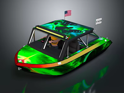Sporty Recreational Boat With Green Black And American Flag 160H Logo Open Top Driver Seat 3d model