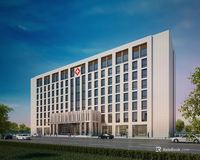 Modern Hospital Building Exterior With Red Cross Sign White Facade Large Windows Trees And Cars 3d model 