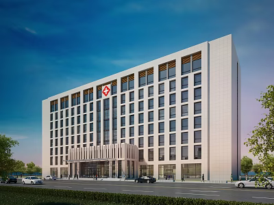 Modern Hospital Building Exterior With Red Cross Sign White Facade Large Windows Trees And Cars 3d model