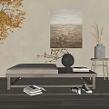 Minimalist Interior With Low Wooden Table Gray Cushion Black Vase And Wall Painting