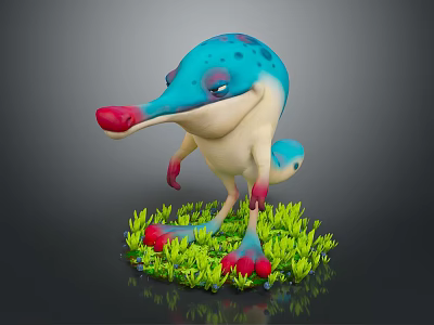 Cute Blue and White Spotted Cartoon Creature with Long Pink Snout Standing on Green Grass 3d model