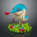 Cute Blue and White Spotted Cartoon Creature with Long Pink Snout Standing on Green Grass