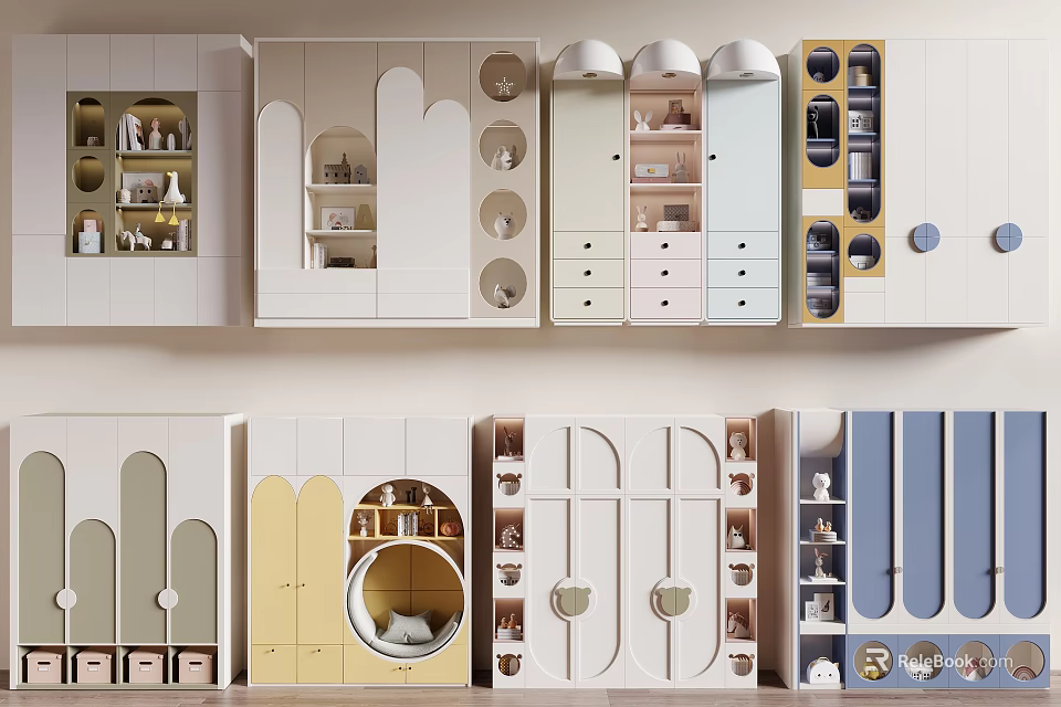 Modern Wardrobe Designs With Colorful Finishes Various Drawers And Circular Details 3d model 