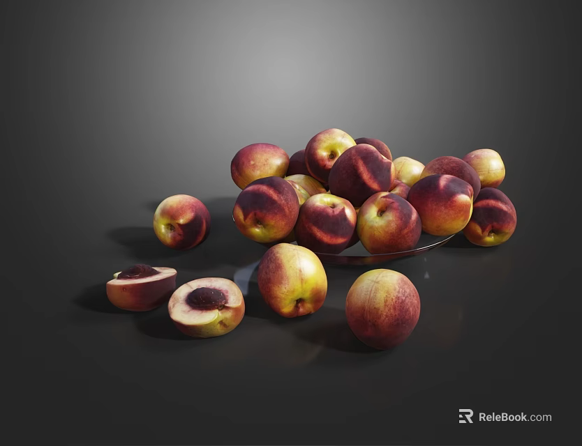 Fresh Ripe Peaches Whole And Sliced Arranged On Glass Plate Dark Background 3d model 