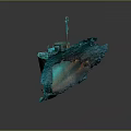 Sunken Shipwreck With Green Hull Cabin And Damaged Underwater Structure