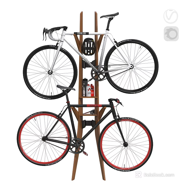 Two Bicycles Mounted On Vertical Wooden Rack For Indoor Space Saving Storage 3d model 