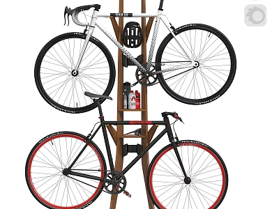 Two Bicycles Mounted On Vertical Wooden Rack For Indoor Space Saving Storage 3d model