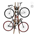 Two Bicycles Mounted On Vertical Wooden Rack For Indoor Space Saving Storage