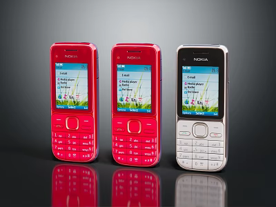 Nokia Feature Mobile Phones in Red and Silver Colors Display Screen 3d model