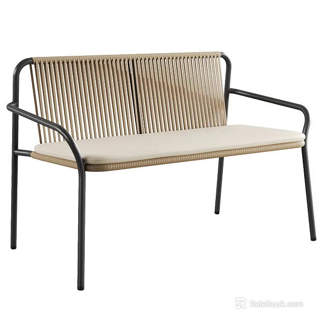 Minimalist Woven Rope Double Seater Sofa With Sturdy Black Metal Frame And Comfortable Seat Cushion 3d model 