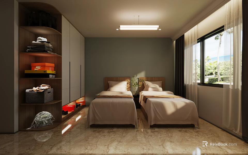 Hotel Guest Room Interior With Twin Beds Green Walls Window Curtains And Shelf 3d model 