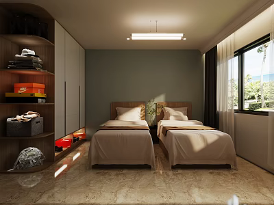 Hotel Guest Room Interior With Twin Beds Green Walls Window Curtains And Shelf 3d model