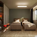 Hotel Guest Room Interior With Twin Beds Green Walls Window Curtains And Shelf