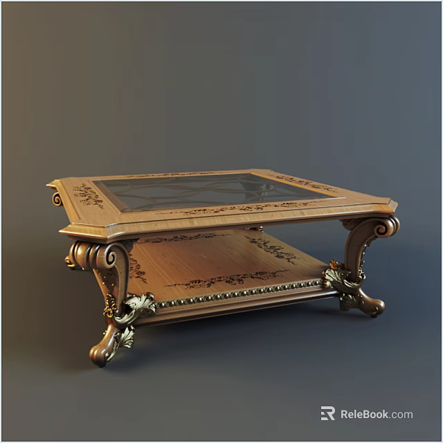 Classic Coffee Table With Glass Top Carved Wooden Frame And Gold Metal Accents 3d model 