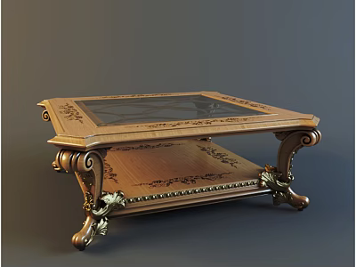 Classic Coffee Table With Glass Top Carved Wooden Frame And Gold Metal Accents 3d model