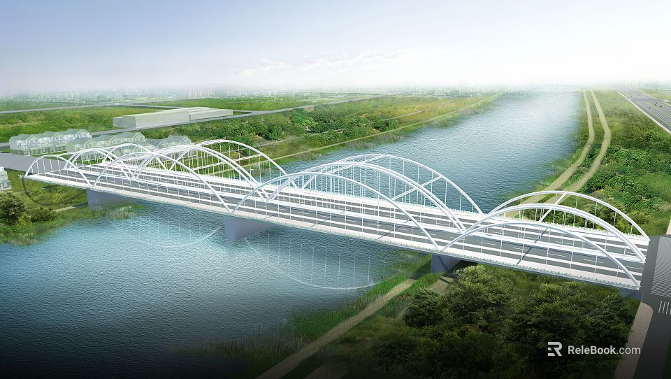 Landscape Bridge With White Arch Structure Spanning River And Green Vegetation 3d model 