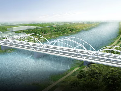 Landscape Bridge With White Arch Structure Spanning River And Green Vegetation 3d model