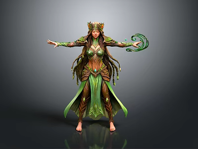 Plant Themed Female Character With Green Leaf Crown And Vine Decorated Outfit 3d model