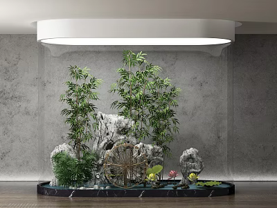Natural Indoor Landscape with Bamboo Plants Rock Formations and Small Water Wheel 3d model