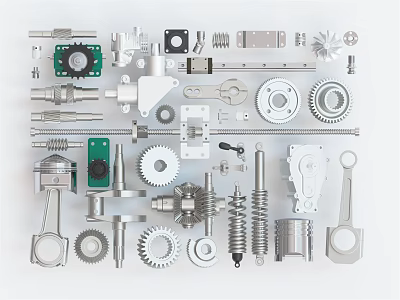 Mechanical Parts Including Gears Pistons Bearings Springs And Shafts On White Background 3d model