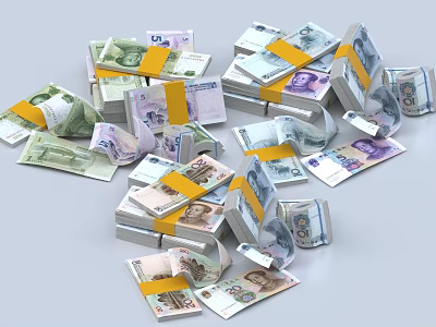 Household Cash Storage Organizer With Yellow Tape And Currency Notes Scattered 3d model