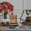 Decorative Ornament Set With Red Roses Bouquet Black Vase Vintage Telephone Cigar Box And Books
